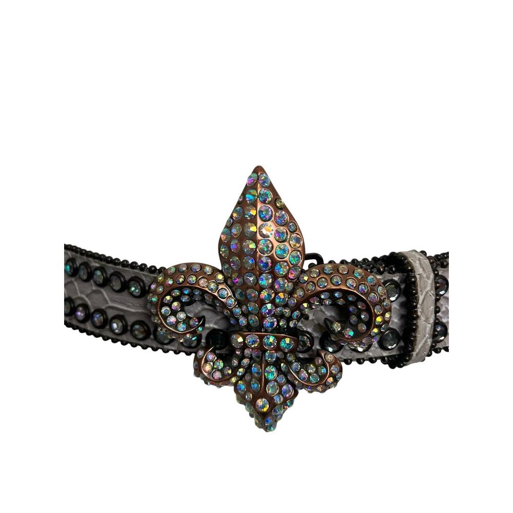Nocona Leather Belt Womens Large White Western Fleur De Lis Rhinestone Studded - Picture 2 of 8